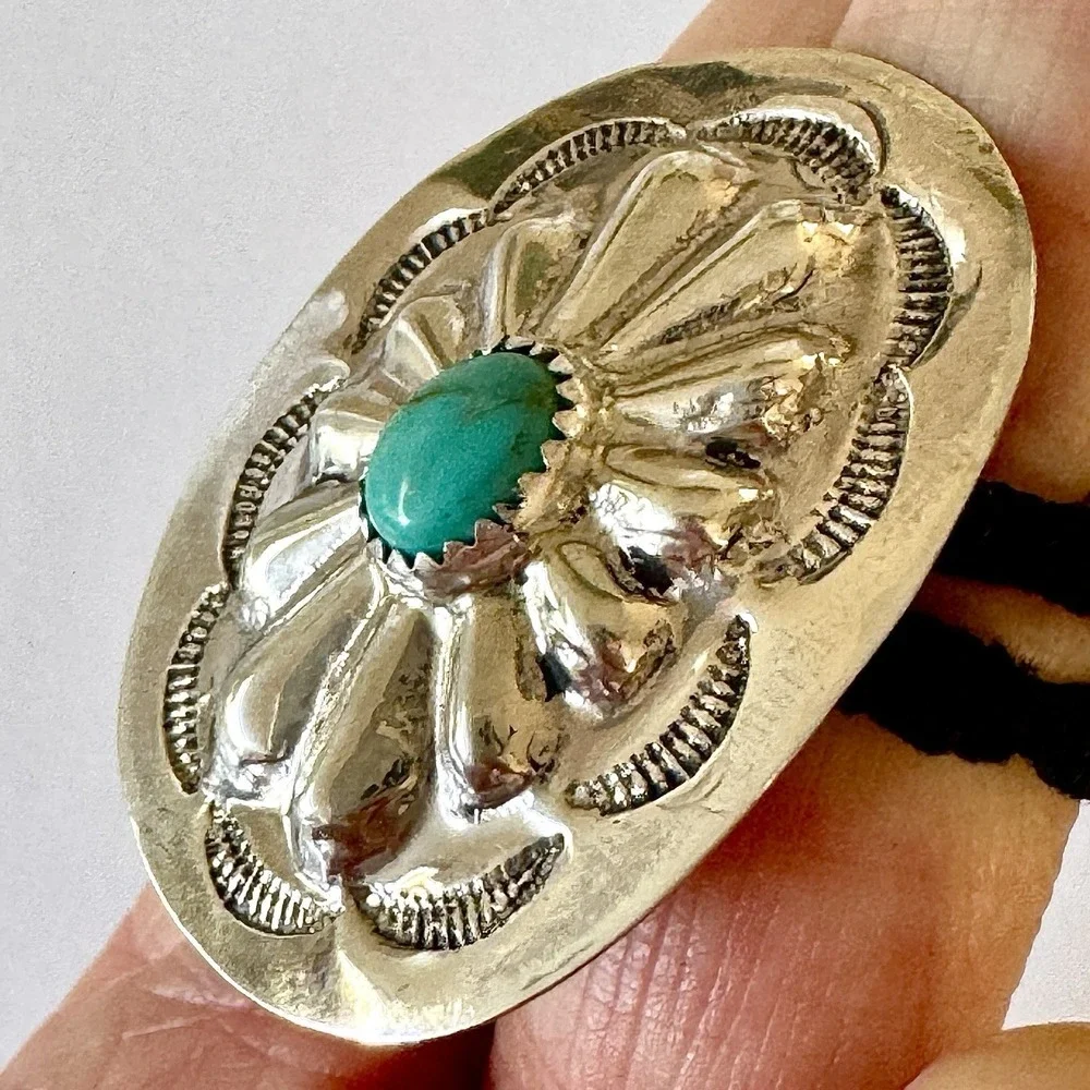 Turquoise Navajo Hair Tie 1.5in Ponytail Hand Stamped‎ Sterling Ornament Concho